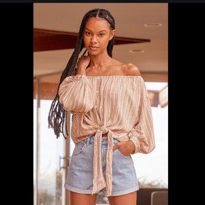 NWT Lulus Greet the Moment Beige Striped Off-the-Shoulder Long Sleeve Top